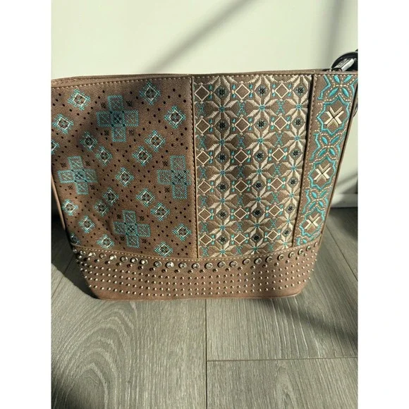 Montana West Brown & Turquoise Embroidered Studded Hobo Purse Wallet Set - Picture 2 of 10